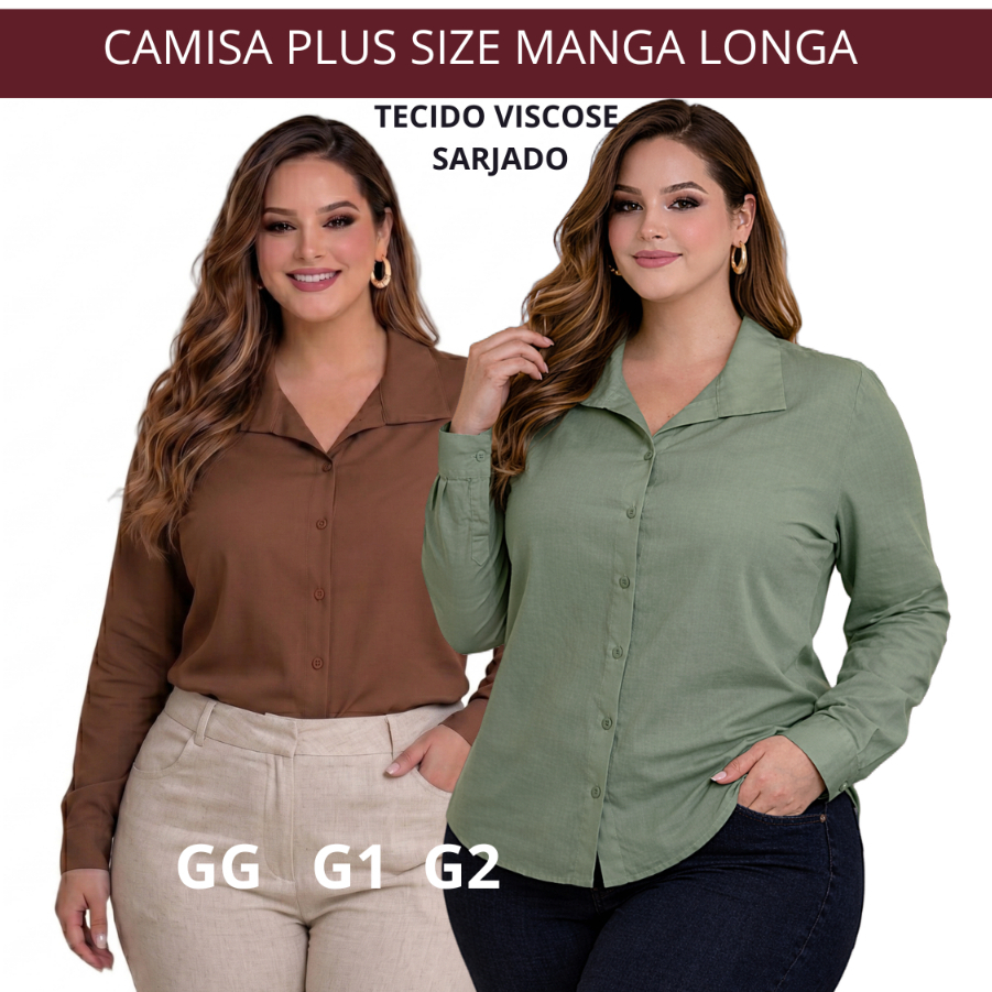 MODA PLUS SIZE CAMISA FEMININA CASUAL,CONFORTAVEL MANGA COMPRIDA ,TECIDO VISCOSE SARJADO LISA