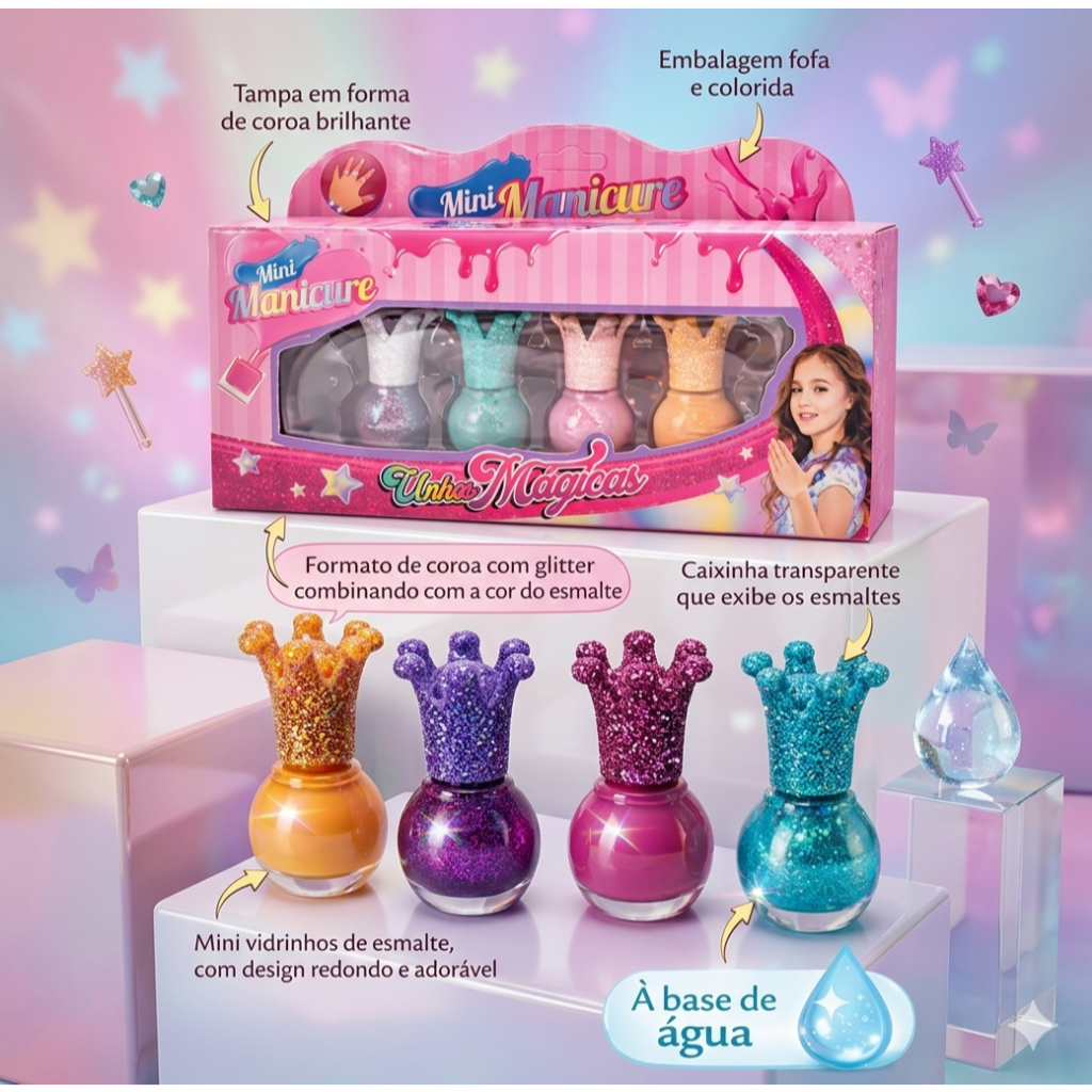 Mini Esmaltes Glitter Infantil  kit com 4 Cores Hipoalergênicas à Base d’Água colorido Rosa
