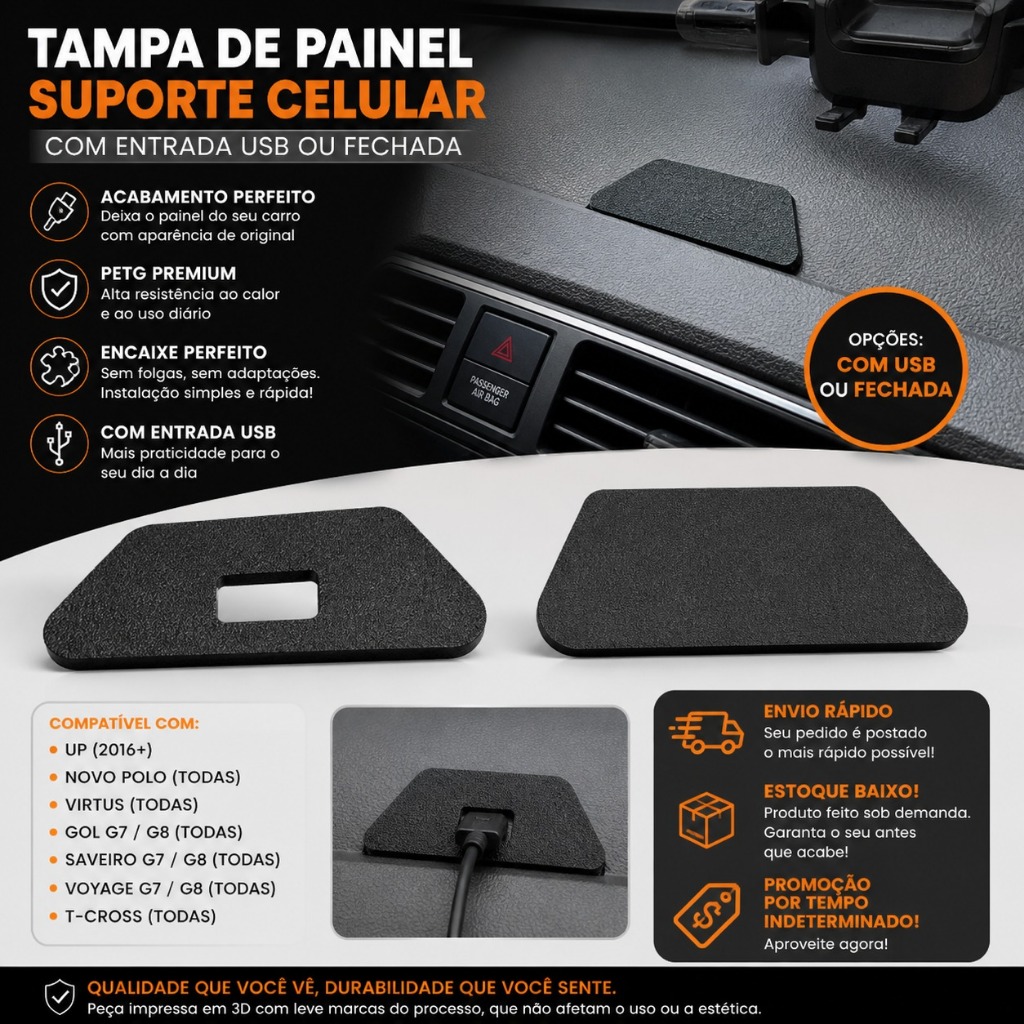Tampa Painel Volkswagen Gol G7 G8 Polo Virtus T-Cross Up Saveiro Voyage Suporte Celular USB (SOMENTE PRETO)