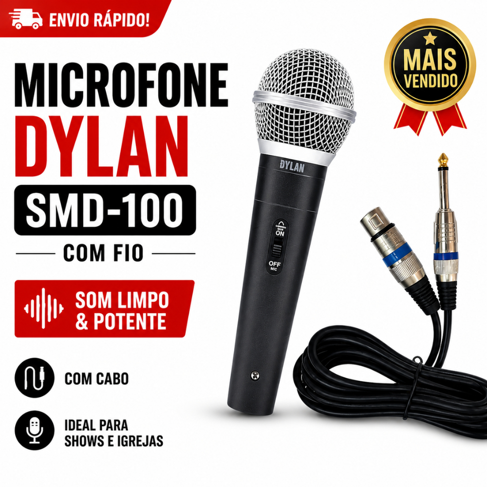 Microfone Dylan SMD-100 Profissional Com Fio Cabo Som Limpo Para Show Igreja