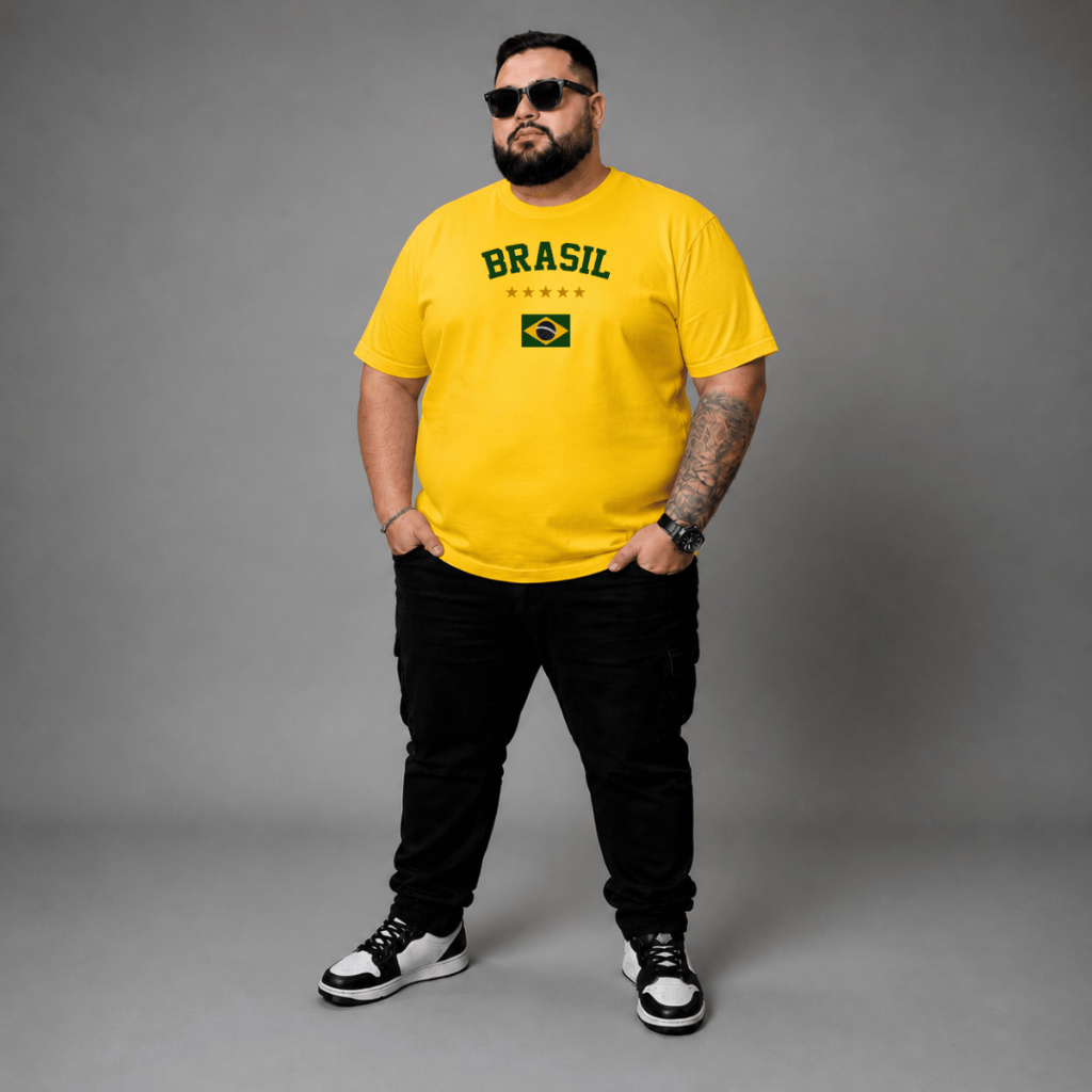 Camiseta Masculina Plus Size Básica Estampada Brasil Estrela Camisa Grande Academia Copa Fitness Blusa 100% Algodão