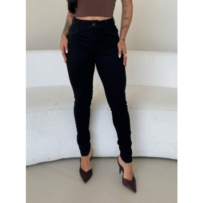 Calça Jenas Feminina Preta Modeladora Slinny Slim Cintura Alta Bolsos Ziper Botão Roupa Moda Tendencia Casual Clássica A