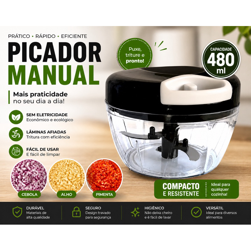 Processador  De Alimentos Manual Triturador de 480ml 3 lâminas