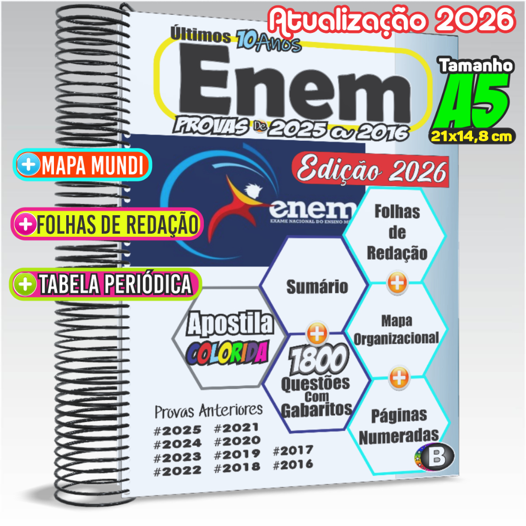 Apostila ENEM 2026 no Tamanho A5 (21x14,8 cm) Provas E Gabaritos Oficiais Últimos 3, 5 ou 10 Anos