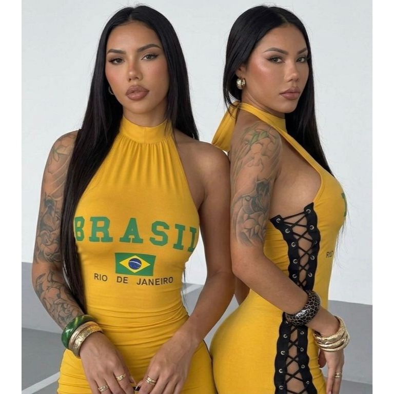 Vestido do Brasil Curto Cadarço Sensual Copa do Mundo Seleção Brasileira Amarelo Verde COP02