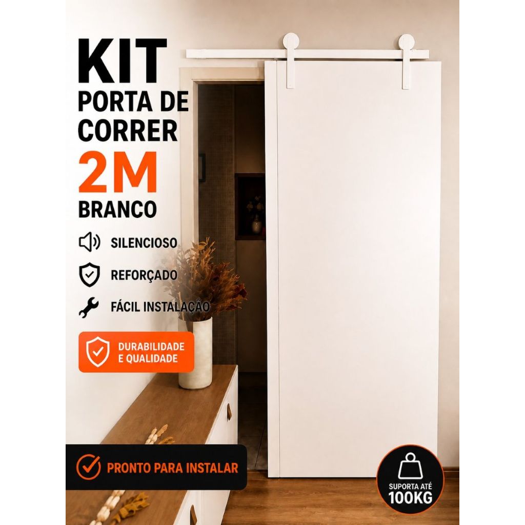 Kit Porta de Correr 2 metros Branco Trilho Roldana Aparente Celeiro Alumínio Completo Reforçado