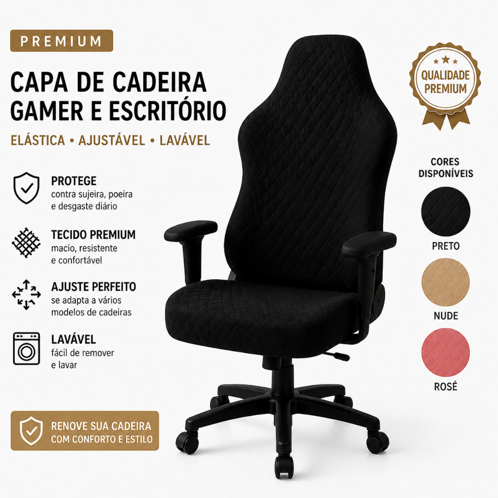 Capa de Cadeira Gamer e Escritório Elástica Ajustável Lavável Antiderrapante Premium + Capa p/ Braços.