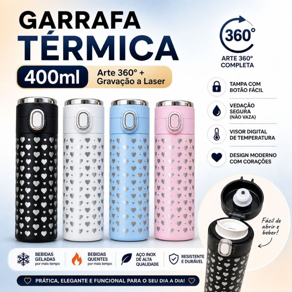 GARRAFA TÉRMICA  SQUEEZE arte 360º graus 400ML COM VISOR DIGITAL ARTE A LASER IDÉIAS DE PRESENTE DIA DOS NAMORADOS