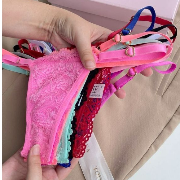 Kit 5 Calcinha Tanga Fio Dental De Renda Com Regulagem Langerie Sensual