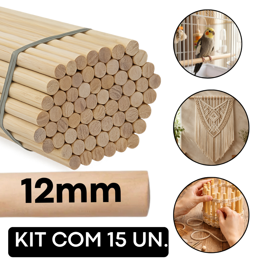 Kit 15 Cabo de Madeira Pinus 12mm Poleiro para Aves Bastão Vareta Artesanatos Banner Bandeira Gaiola Calopsita