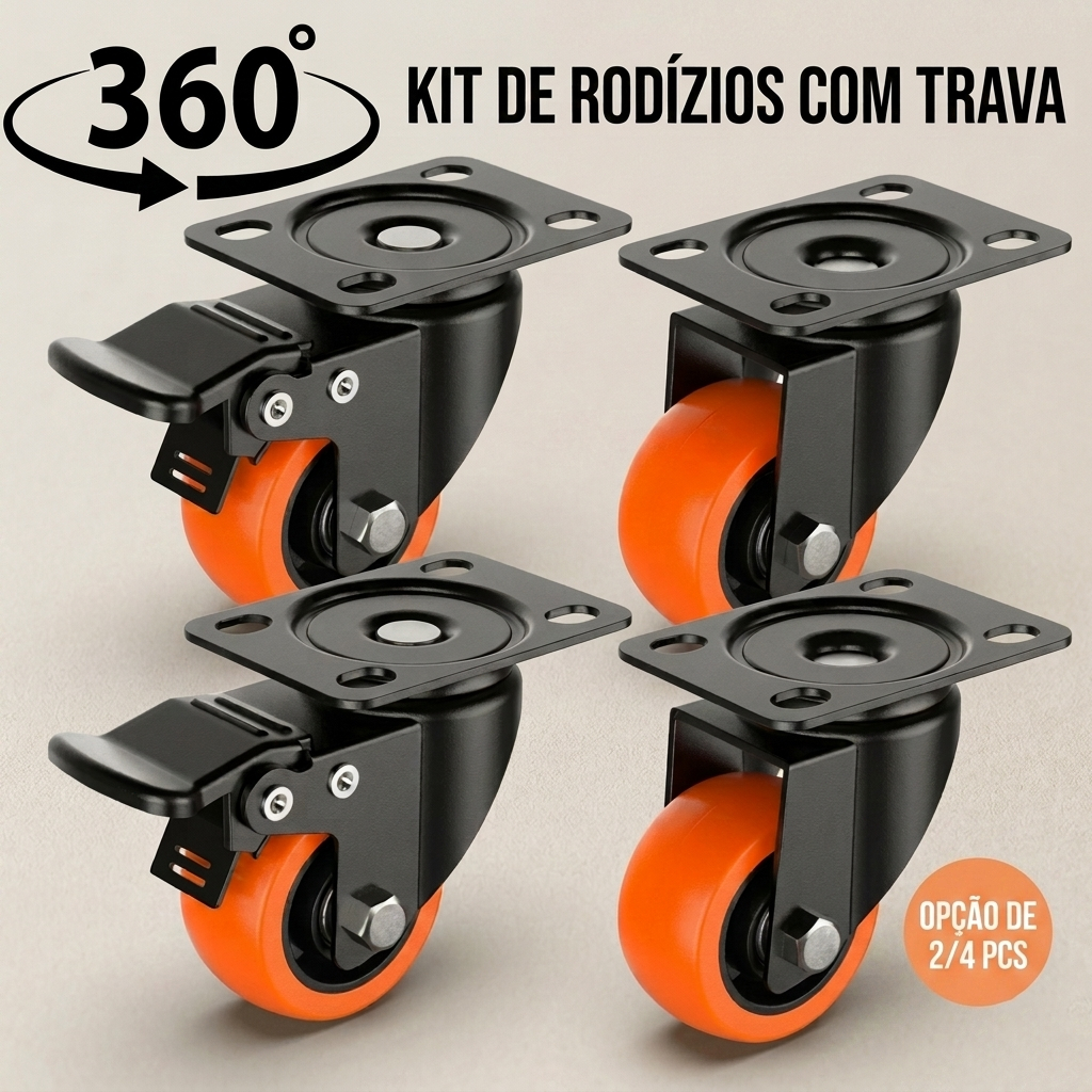 Kit 2/4 Rodinhas Rodízios Rodas Moveis Com Base Giratória Freio e Trava Rodízio Anti-risco Reforçada