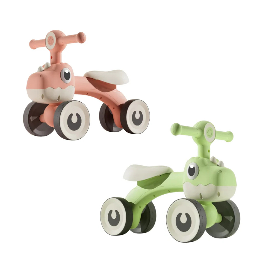 Bicicleta Balance Bike Dino Rosa Verde 4 Rodas Infantil Com Som - Unitoys