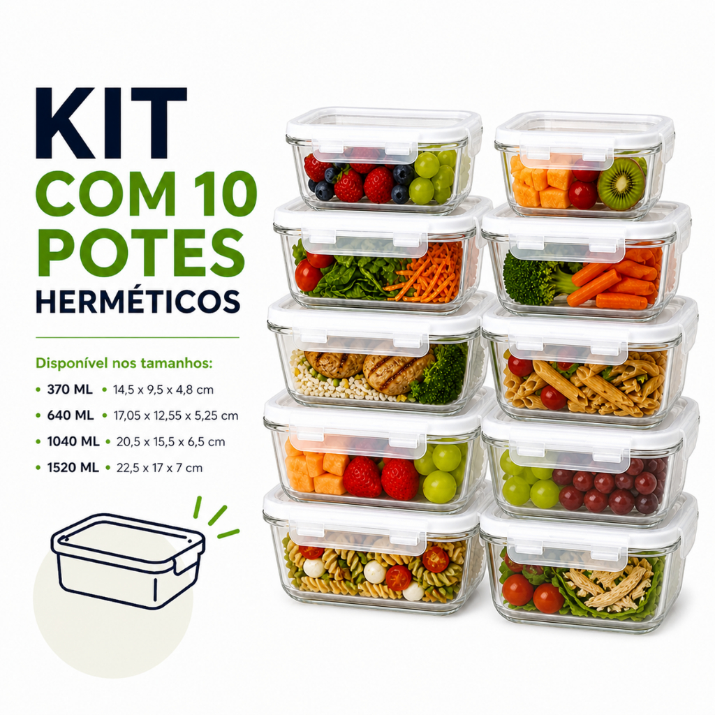 Kit 10 Potes Herméticos Para Marmita - 370ML / 640ML / 1040ML / 1520ML
