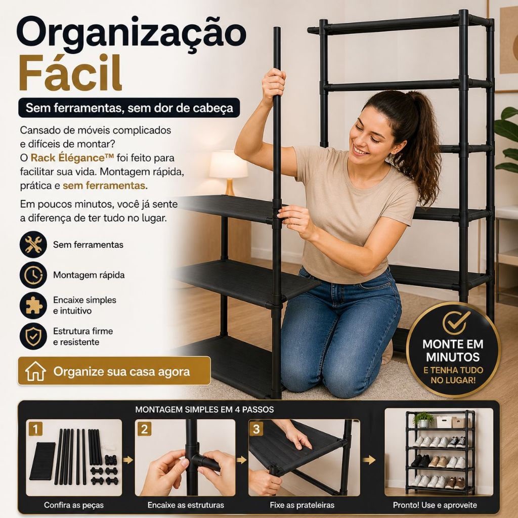 Sapateira Organizadora 5 Prateleiras Rack Élégance™ Multiuso Preta Compacta Fácil Montagem Guarda Sapatos e Acessórios