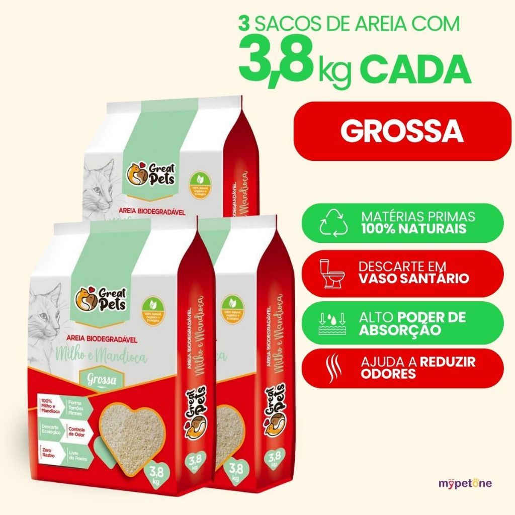 Kit 3 Areia Biodegradável 3,8 Kg Grossa para Gatos - Great Pets