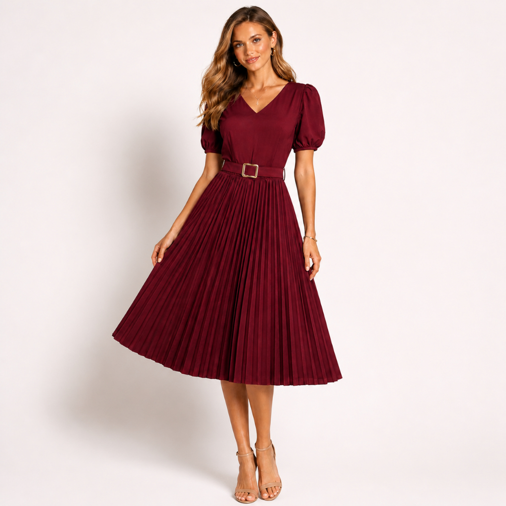 Vestido Feminino Plissado com Manga Bufante Gola V  Look Sofisticado e Moderno