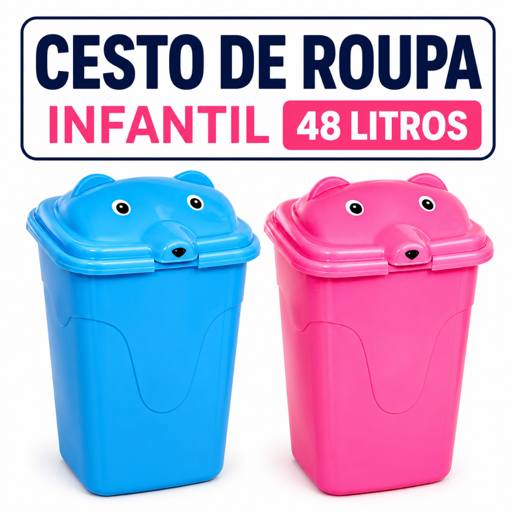 Cesto de Roupa Infantil 48L Organizador Multiuso Plástico Resistente Tampa Ursinho Quarto Banheiro Brinquedos