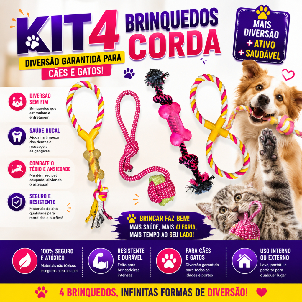 Kit 4 Brinquedos Interativos Para Cachorro e Gato Mordedor Corda Bola Anti Tédio