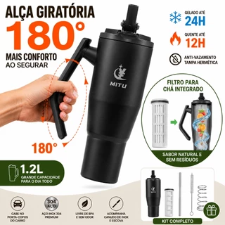 Garrafa Térmica 1.2L com Alça Giratória -Multifuncional Copo Térmico Inox Portátil+ | C/ Canudo & Ta