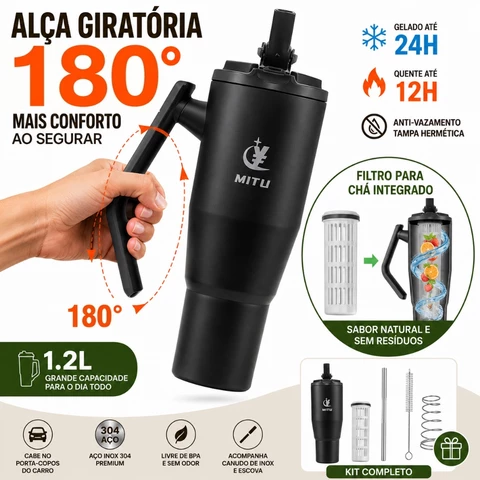 Garrafa Térmica 1.2L com Alça Giratória -Multifuncional Copo Térmico Inox Portátil+ | C/ Canudo & Tampa