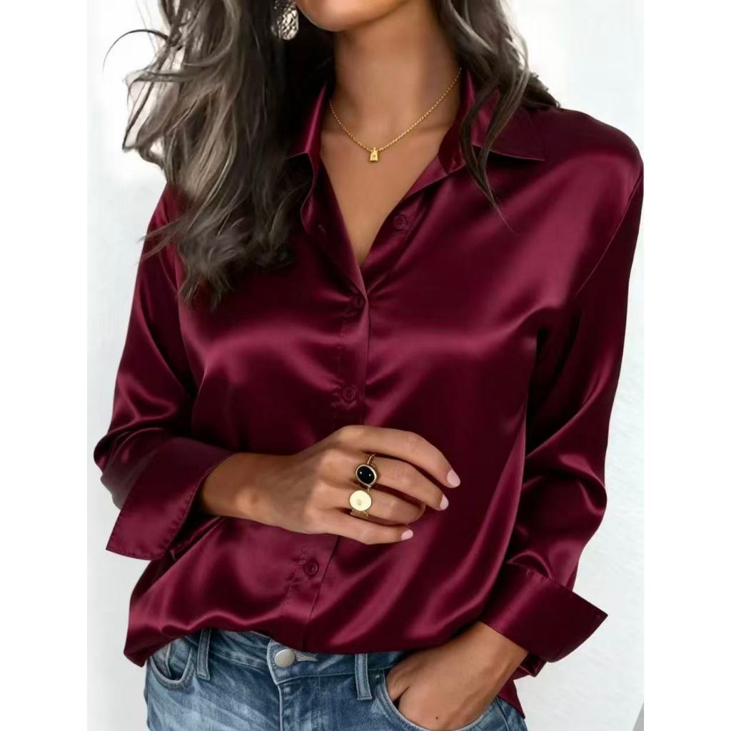 2026 Lançamente Outono Camisa Feminina Cetim com Mangas Longa Botão Acima Camisa Roupas Femininas