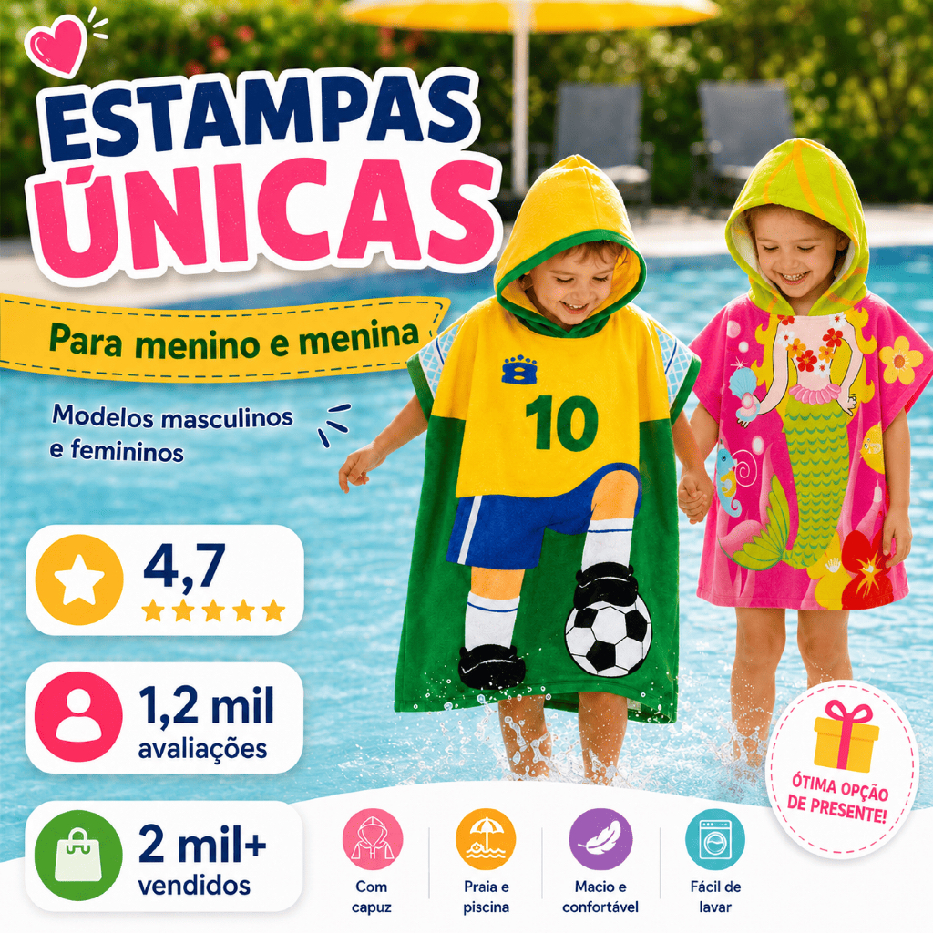 Toalha Poncho Infantil com Capuz Secagem Rápida Microfibra Macia Praia Piscina Banho Criança