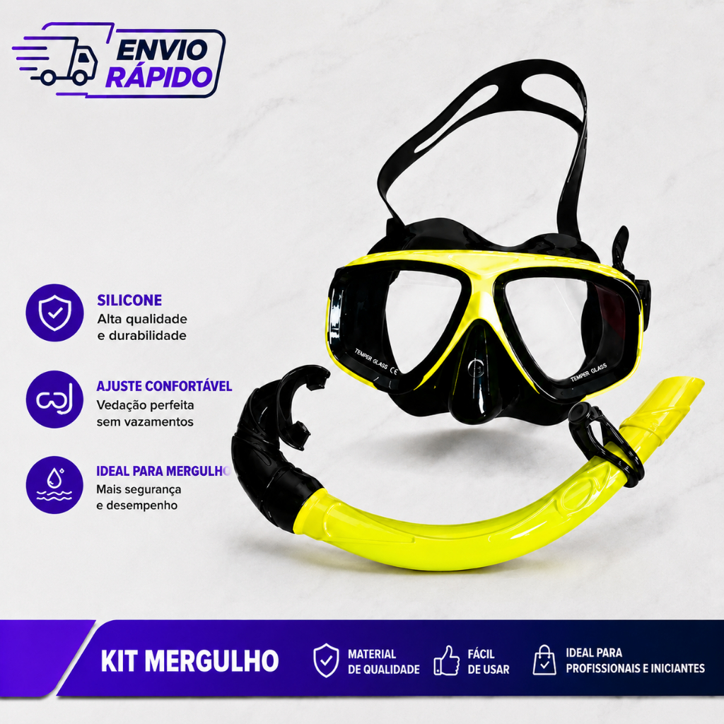 Kit Mergulho Máscara Respirador Snorkel Adulto Natação Silicone
