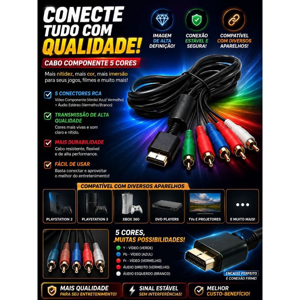 Cabo Componente AV Áudio E Vídeo RCA Playstation Ps2 Ps1 Ps3 Alta Definição 1.5m