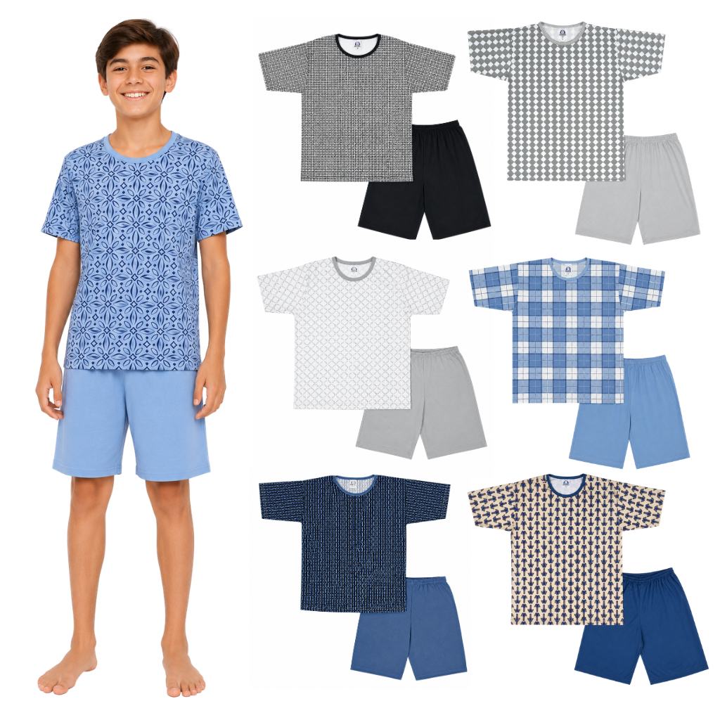 Kit 2 Pijama Verão Juvenil Masculino Manga Curta Estampa Sortida 10 ao 16