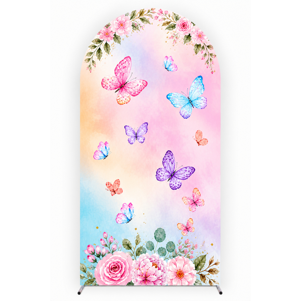 Capa Painel Romano/Picolé 2x1 Jardim de Borboletas Tecido Sublimado com Elástico Decoração de Festas