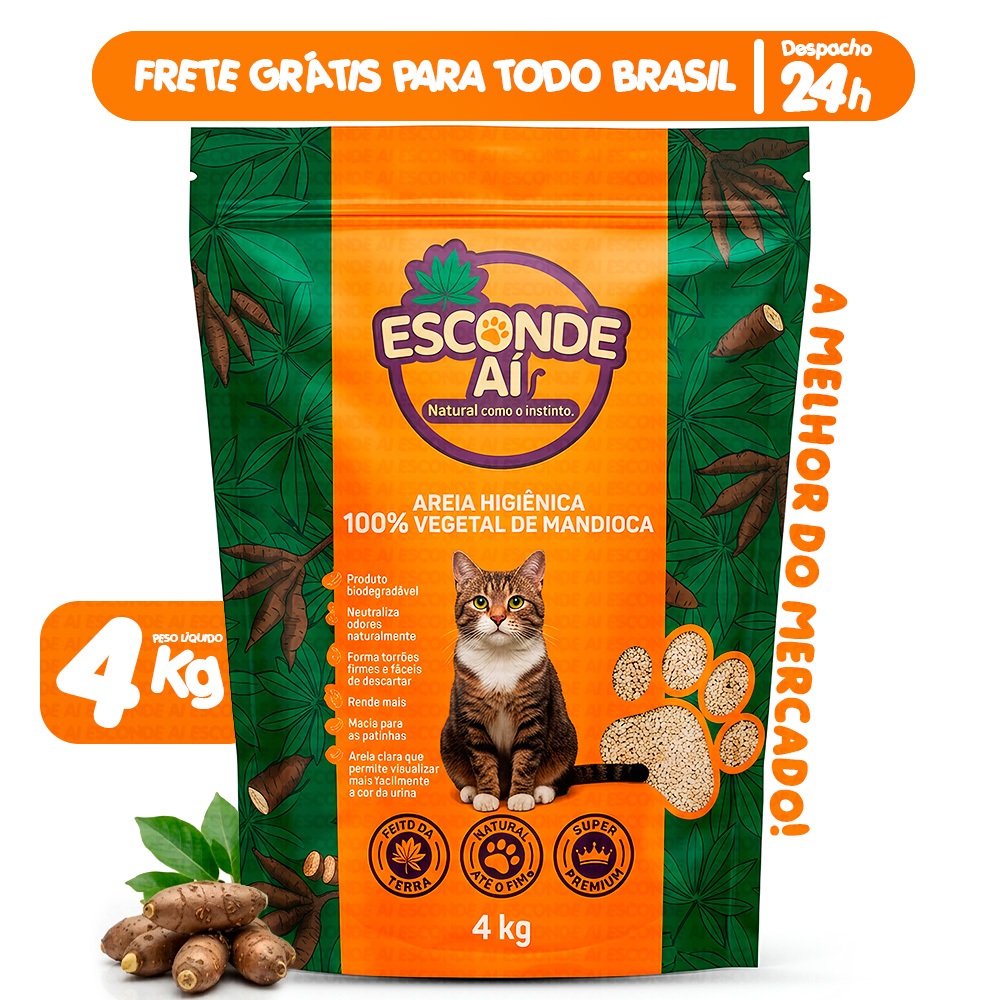 Areia Higiênica de Mandioca Biodegradável Esconde Aí 4KG a 16KG Granulado Sanitário de Gato Natural