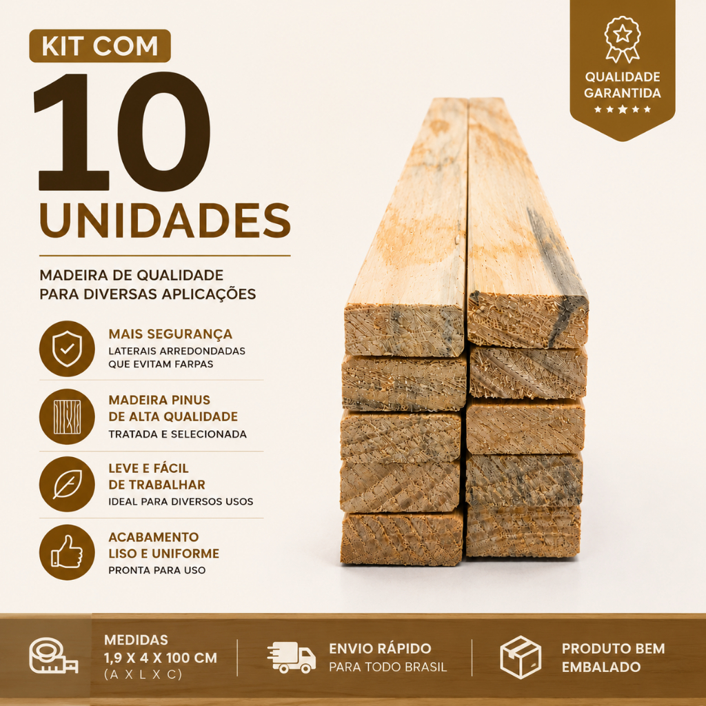 Kit 10 Sarrafos De Pinus Premium Arredondada 2x4x100cm Artesanato Construção