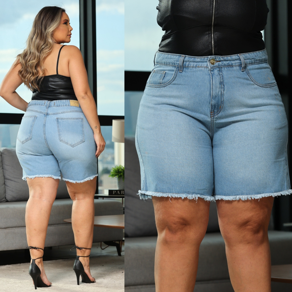 Bermuda Jeans Feminina Plus Size Clara Shorts Mom Barrra Desfiada com Bolso Algodão Moda Plus Size