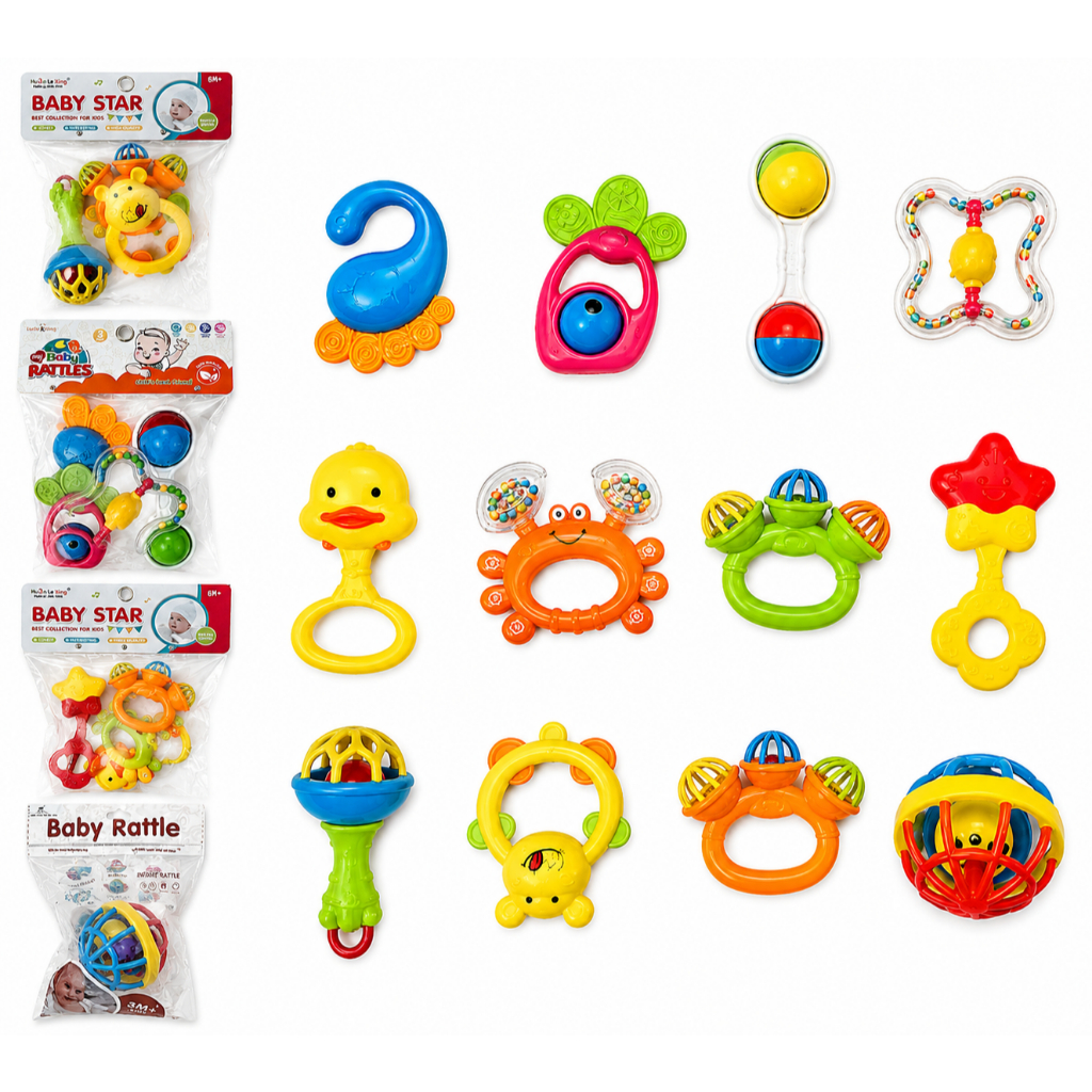 Kit 12 Chocalhos Bebê Educativos Coloridos Mordedor Sensorial Infantil Brinquedos Para Coordenação Motora 3M+ 6M+