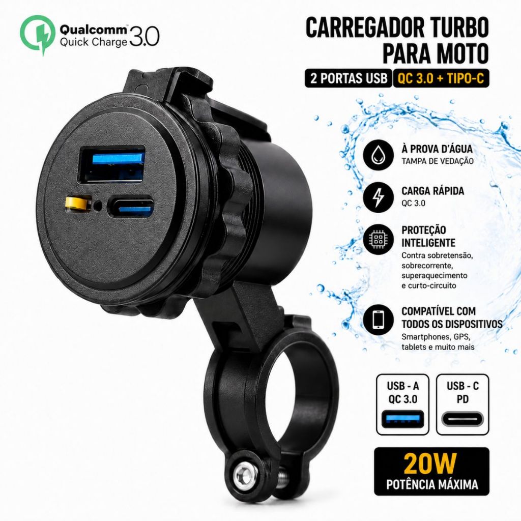 Carregador Turbo De Celular Para Moto Tipo-C - 2 Portas Usb  Qc 3.0