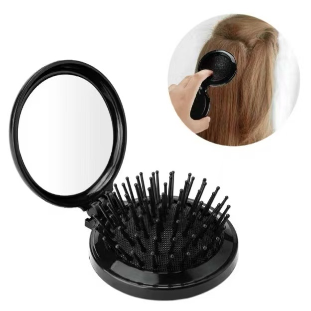 Mini Escova de Cabelo Dobrável Com Espelho - Portátil e Perfeita Para Bolsa