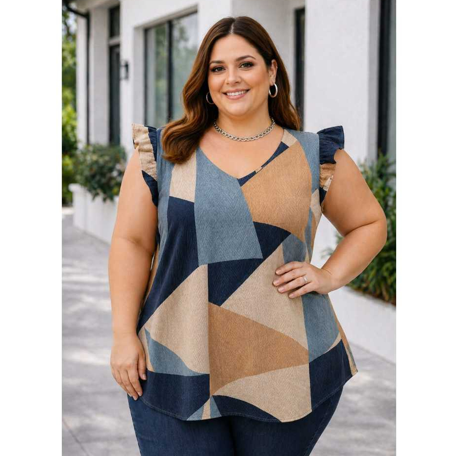 Blusa Feminina Plus Size Gola V Manga Babado  Viscolinho GG ao G3 Soltinha Confortável MODA CURVE