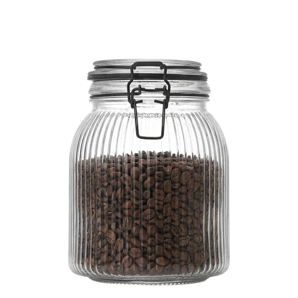 Pote Hermético Vidro Canelado Trava Aço Preto 1450ml, Porta Mantimentos Hermético - Ruvolo