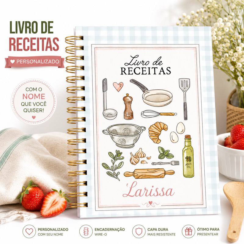 Livro de Receitas Inteligente Personalizado com Nome Capa Dura 100 Folhas Caderno Receita