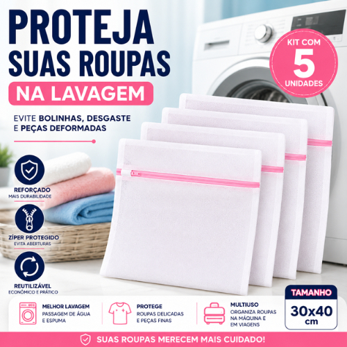 Kit 5 Sacos Protetores Para Lavar Roupas Delicadas Com Zíper Anti Bolinhas Reforçado 30x40 Lavanderia Multiuso