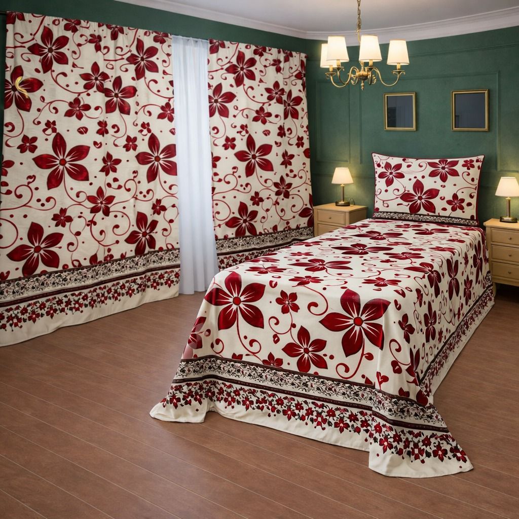 Kit Lençol Solteiro 4 Peças com Cortinas Estampadas toque de Algodão Aveludado + 1 Porta Travesseiros  *Super Oferta