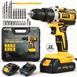 Parafusadeira Furadeira Sem Fio 21V 2 Baterias Bivolt Profissional Maleta Kit 26 Acessórios SparkBr