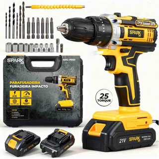 Parafusadeira Furadeira Sem Fio 21V 2 Baterias Bivolt Profissional Maleta Kit 26 Acessóri…