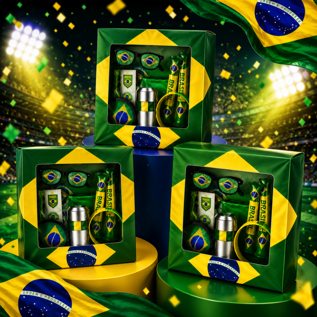 3 Kits Torcedor Copa do Mundo 2026 Brasil 12 Itens Bandeira Brasileira Óculos Pulseira Adesivos