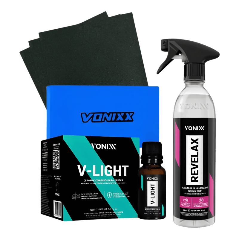 Kit Polimento Vitrificação Farol Vonixx 7 Itens Revelax V-Light Coating SiO2 Lixamento Progressivo