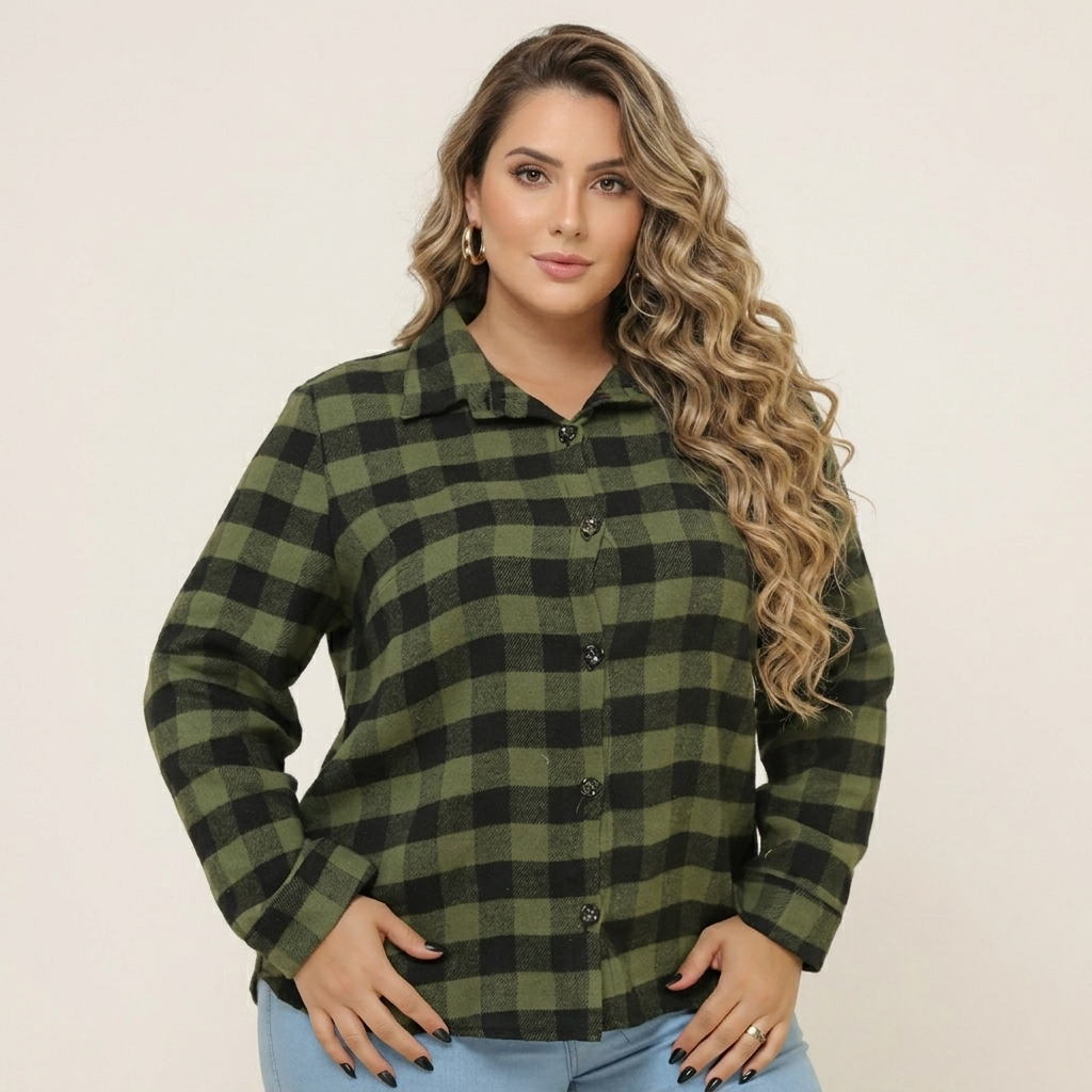 Blusa Feminina Xadrez Flanelada Plus Size Manga Longa