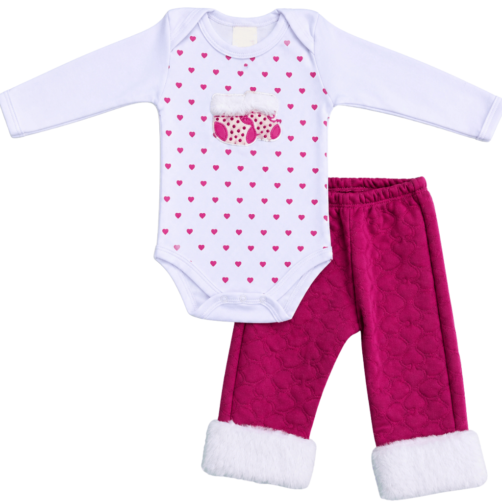 Conjunto Body Bebê Menina Suedine Manga Longa 100% Algodão Inverno Luxo Botinha Coração Pelucia Fleece Calça Mijão
