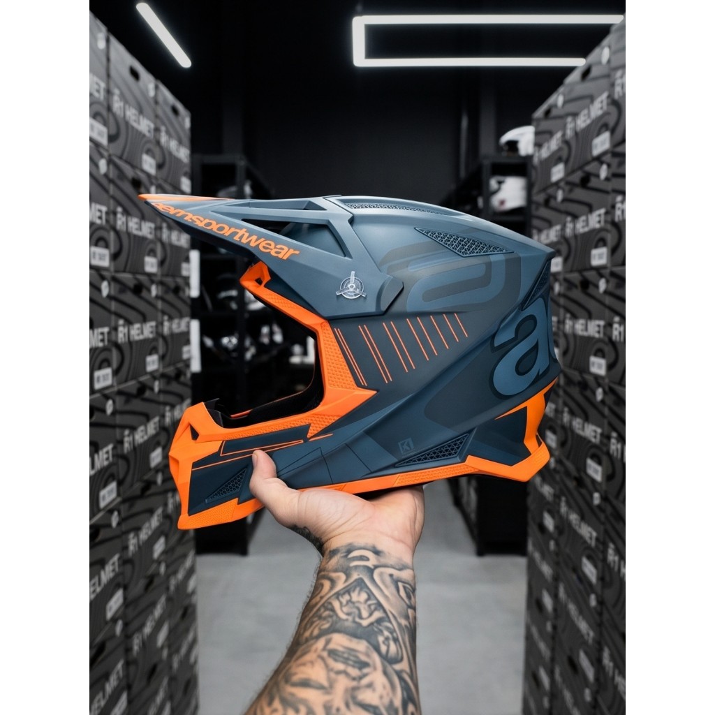 Capacete Asw Motocross R1 MIPS Prisma Cinza Escuro Laranja