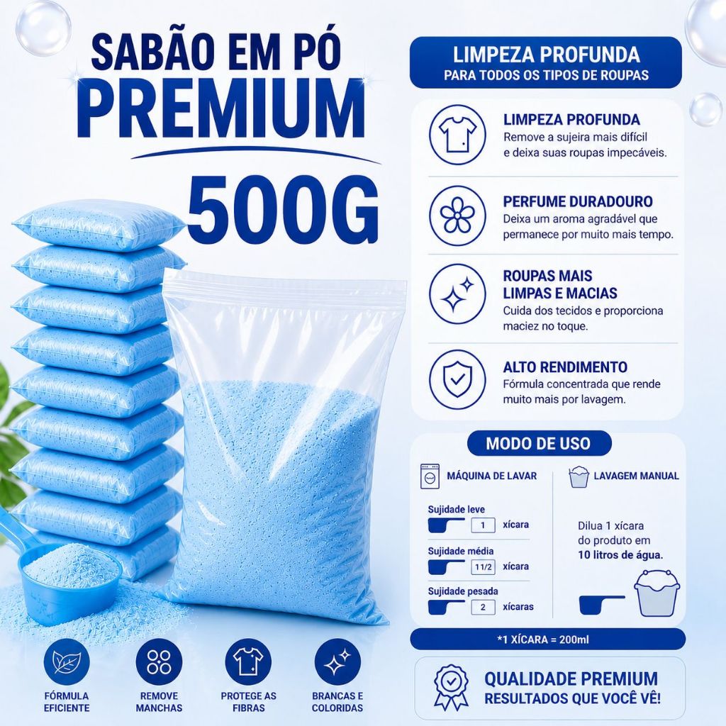 Sabão em Pó Premium 500g Concentrado Lava Roupas Limpeza Profunda Remove Manchas Perfume Duradouro