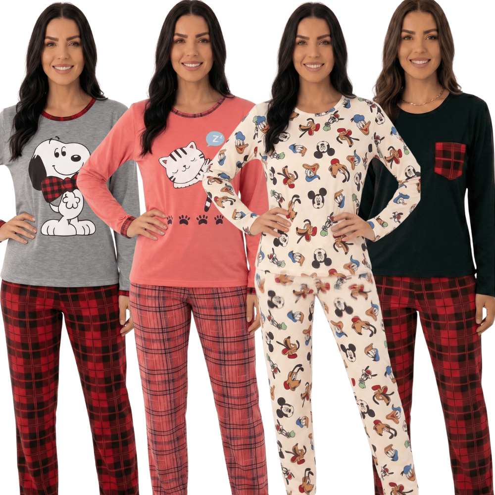 Pijama De Frio Feminino Longo Estampado Personagens Desenhos Divertidos